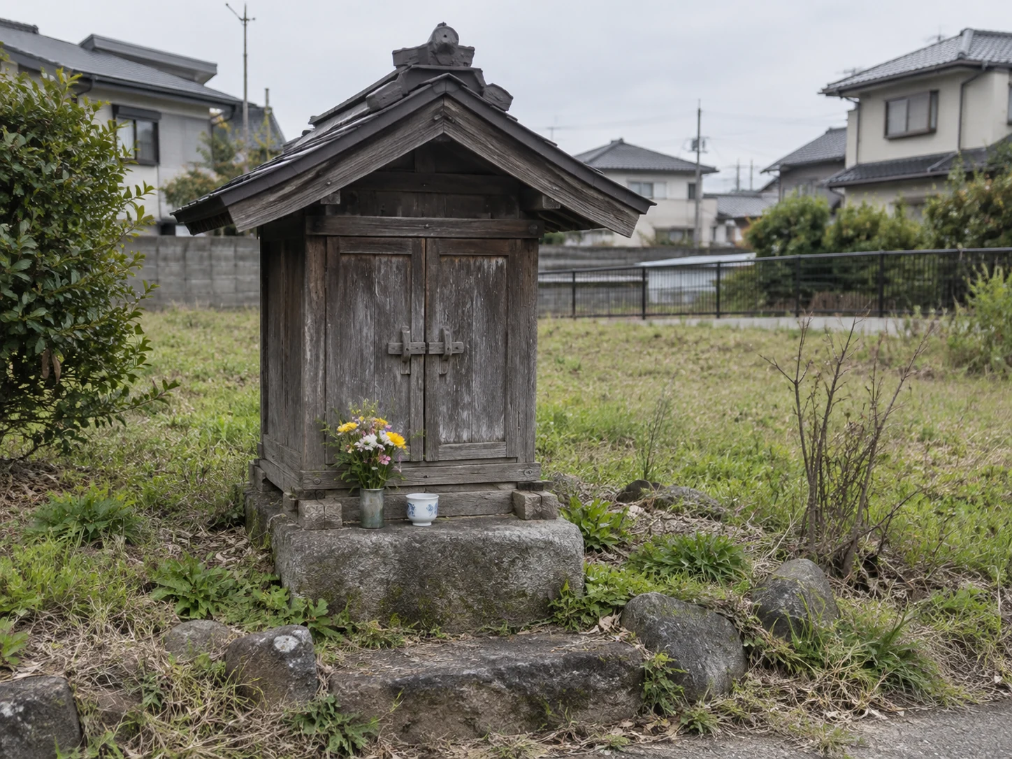 旧神社跡地に残る木造の小祠と供えられた花