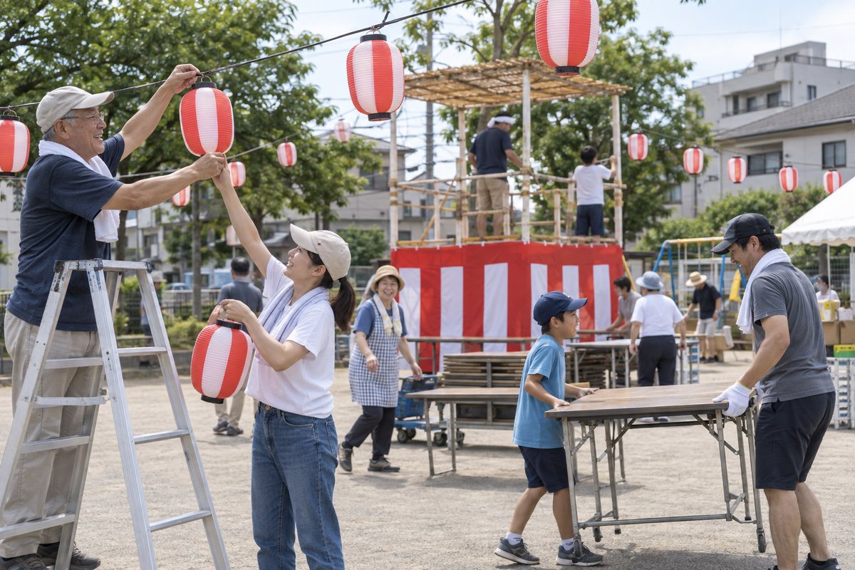 地域の夏祭りの準備風景
