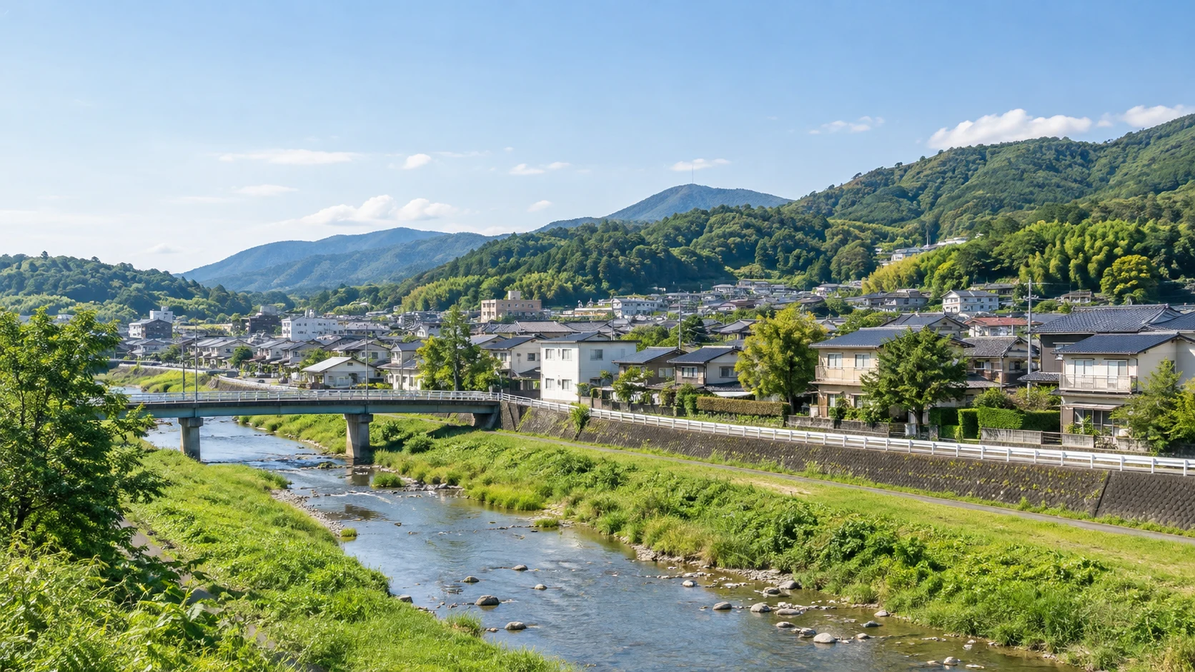 川沿いの住宅地と緑の山々が広がる久世野市の風景